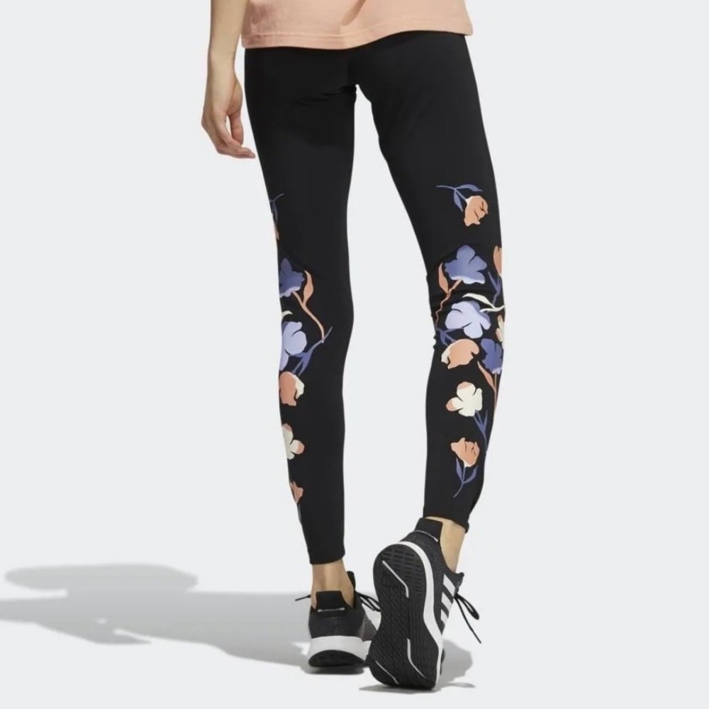 Adidas Floral Graphic Tights Leggings, Black, Medium, Athletic, Workout, Yoga
